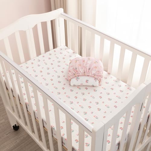 Image of david's kids Muslin Mini Crib Sheets, 2 Pack Cotton Pack N Play Sheets for Girls, Soft Breathable Baby Sheets Fit Pack N Play, Playard and Mini Crib Mattresses, Rabbit