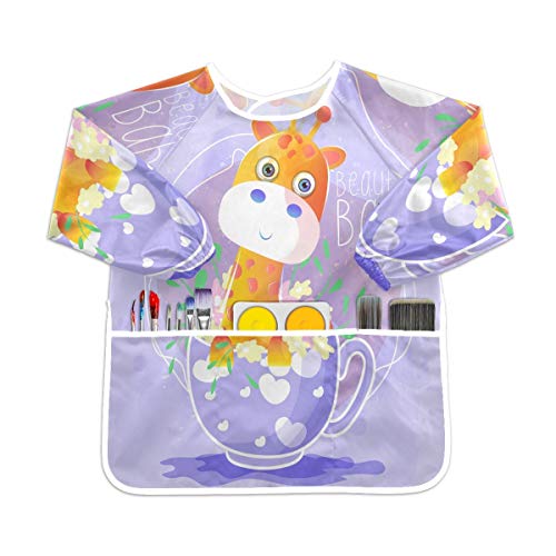 キリンの赤ちゃん紫色の花幼児の子供のエプロン防水絵画アーティストのよだれかけのスモック、年齢1-6のための子供の芸術のスモック
