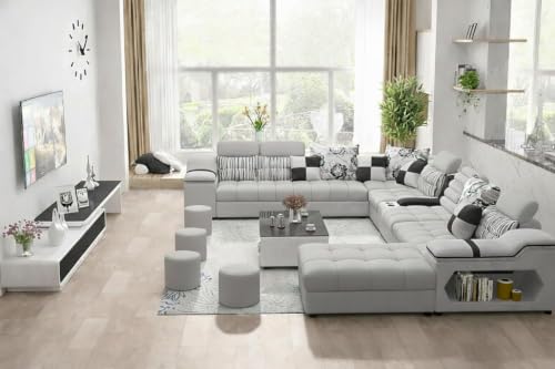Image of Avion COMFORA U Shape 12 Seater Sofa Set for Living Room | Interchangeable U-Shaped Sectional Sofa Set with Cup Holder with 4 Puffy for Living Room & Office
