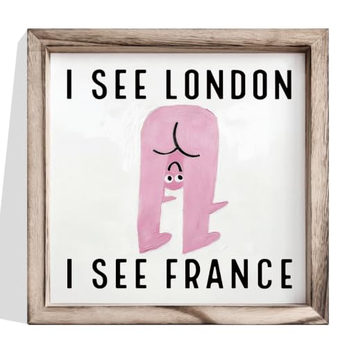 I See London I See France Pink Cartoon Wood Framed Funny Bathroom Sign