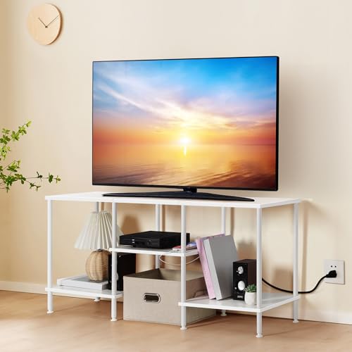Image of White TV Stand Bedroom with Power Outlets, Small Entertainment Center Stand with Open Storage Shelves for TVs up to 50 Inch, Wood TV Media Console Table with for Living Room, Bedroom