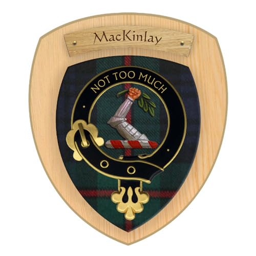 Scottish Clan Crest Wall Plaque - Chestnut Wood and Tartan Background, Crest & Motto - Home Decor Gift for Men & Women - Handmade in Scotland - Mackinlay Clan