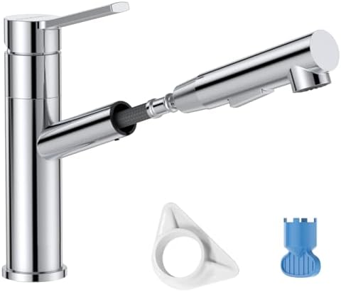 DAYONE Chrom Wasserhahn Küche, SUS304 Edelstahl Küchenarmatur mit Ausziehbare Brause, Hochdruck Armatur Küche mit 2 Strahlarten, 120° Drehbar Mischbatterie, Spültischarmatur Küche,