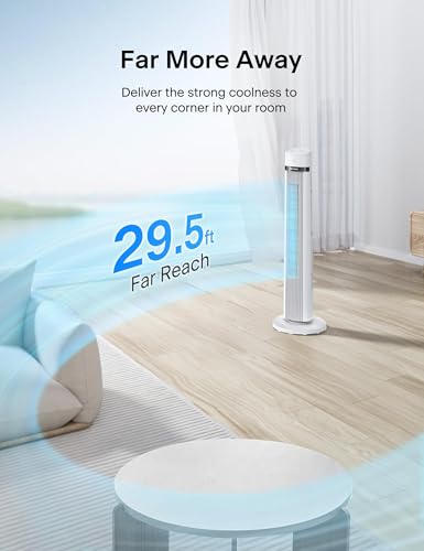 Image of PELONIS 40 inch Bladeless Tower Fan for Bedroom, Standing Fan with Remote Control, 26ft /s, 90 Oscillation, 3 Speed Settings, 27dB, 3 Modes, 15-Hour Timer, LED Display, Fan that Blows Cold Air, White