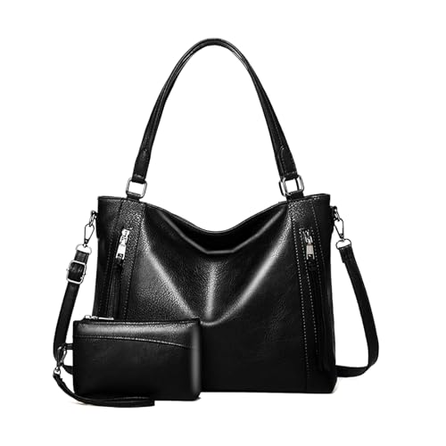 Image of Women PU Leather Tote Bag, Black Handbag Shoulder Hobo Purse Large Crossbody Bag Ladies Bucket Wallet Set 2pcs for Shopping