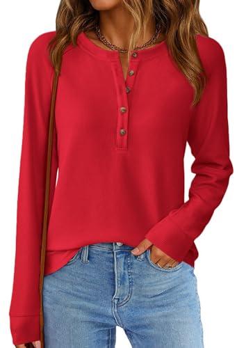 Image of PRETTYGARDEN Women's Long Sleeve Waffle Knit Henley Shirts Loose Tunic Tops