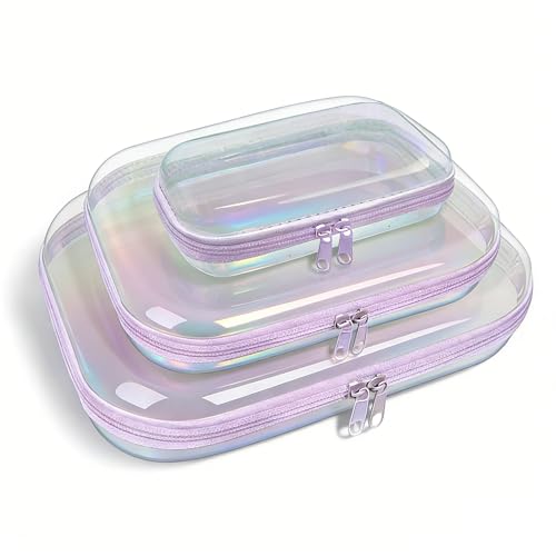 Image of Clear Hard Shell Zipper Case,3PCS Transparent Clear Laser Zipper Pouches,Hard Side Plastic Case Set,Portable Travel Storage Organizer Bins