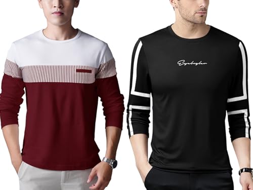 Image of Noble Monk Men Full Sleeve Round Neck T-Shirt | Printed Sleeves |Regular fit Tshirt for Men