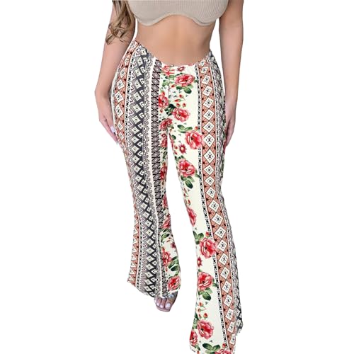 DLAYBGFA Flare Leggings Yoga Pants Women High Waisted Boho Flare Palazzo Pants Stretch Wide Leg Bell Bottom Yoga Leggings(Flower,S)
