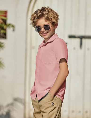 Image of Arshiner Boys Short Sleeve Dress Shirts Solid Button Down Shirts | formal Uniform School Shirt, for 4-12 Years, Hidden Buttons, with Chest Pocket, Regular Fit, Summer Tee top for Kids