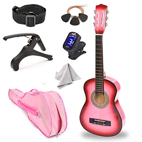 30" left handed wood guitar with case and accessories for kids/girls/boys/teens/beginners (pink gradient)