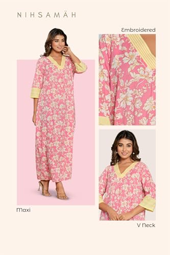 Image of NIHSAMAH Cotton Nighty for Women - Printed Stylish Night Gown, Comfortable Sleepwear Long Nightwear, Maxi