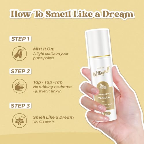 Image of Layer'r Wottagirl Madagascar Vanilla Fragrance Mist for Women 120ml | 100% Vegan | Warm Peach, Jasmine & Vanilla Scent | Long-Lasting Vegan Body Mist | Alcohol-Free | IFRA Certified