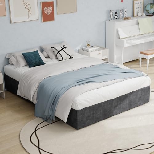 Generisch Moderno marco de cama de 160 x 200 cm, color gris, marco de cama holandés de terciopelo con muelles de gas, somier estable y espacio de almacenamiento para dormitorio atemporal