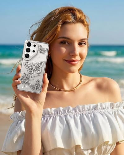 Image of Elzzi Electroplated Butterfly Phone Cover for Samsung S26 Ultra Case, Showcasing Pearlescent Diamond Soft TPU, Camera Protection, Shockproof, Dropresistant Stylish for Girls & Women (Grey)