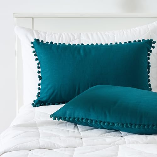 Image of 100% Cotton Pom Pom Cushion with Filler, Elegant & Modern Cushion Cover for Living Room, Rectangle, 12 inchx20 inch, uni slub, Set of 4 - Teal Green