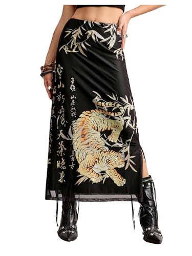 Floerns Women's Tiger Long Skirts Letter Print High Split Street Maxi Skirts