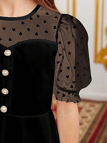 WDIRARA Girl's Sheer Mesh Short Puff Sleeve Blouse Heart Print Cute Ruffle Peplum Top4