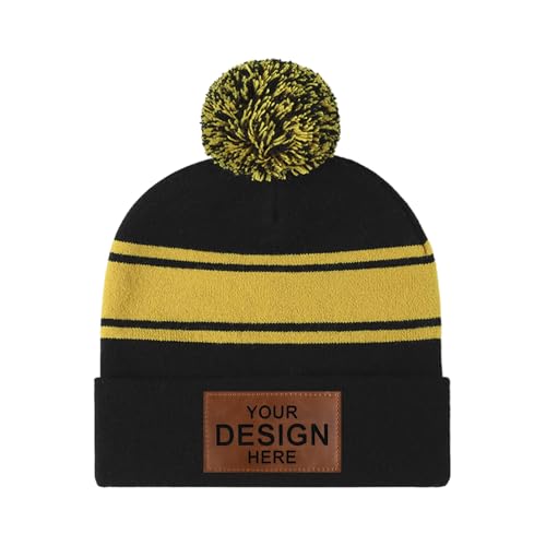 TopTie Customized Striped Cuffed Beanie with Pom Pom Unisex Winter & Sports Hat-YELLOWBLACK