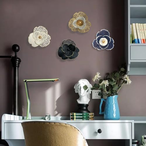 10" Metal Flower Wall Art Decor, Rustic Modern Floral Sculpture, Distressed Iron Wall Hanging Home Decoration Accent Artworks for Indoor Kitchen Bedroom Living Office Outdoor Garden Patio (36D-Blue) - Image 4