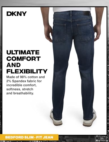 Image of DKNY Bedford Slim Fit Jeans for Men - Tapered Leg Stretch Denim Pants, Classic 5-Pocket Styling | Mens Slim Fit Jeans