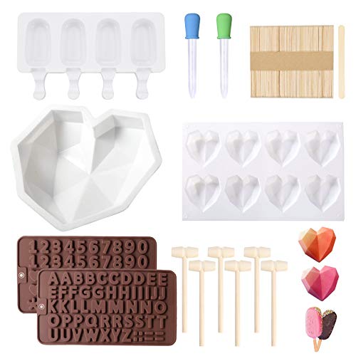 Heart Shaped Chocolate Mold and Popsicle Mold Set - Diamond Silicone Mousse Cake Mold Trays Chocolate Candy Dessert Ice Cream Mold Wooden Hammers for Cake Decoration Making Ice Cream Chocolate