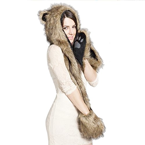TINAYAUE 3 in 1 Winter Hat for Women Cuddly Wolf Hood Hat Scarf Gloves Faux Fur Warm Hat with Bear Ears, Paw Mittens Pocket