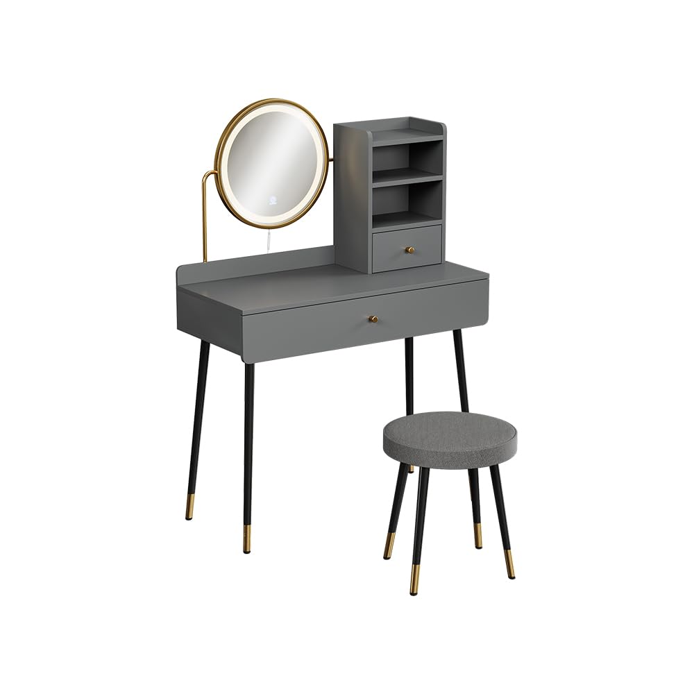 Vicco Schminktisch Mirela, Grau, 90 cm | mit LED-Spiegel und Hocker, geeignet zur täglichen Pflege und Organisation von Kosmetikartikeln