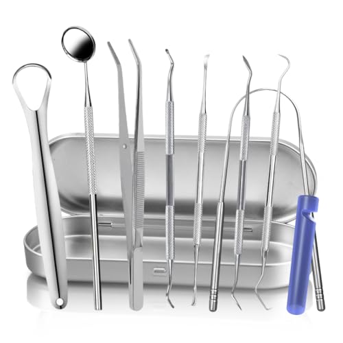 KOHEEL Zahnärztliche Werkzeuge mit Metallkoffer, 8 Stück Zahnreinigungswerkzeuge, Plaque entfernen, Mundhygieneset mit 2 Arten von Zungenschaber, Zahnsteinschaber, Zahnfleischreiniger, Zahnsonde