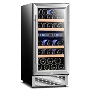 Dual Zone Wine Cooler 28 Bottle, 15 Inch Wine Fridge & Refrigerator, Freestanding/Built-In Design, 40-65°F Digital Temperature Control, Double-Layer Tempered Glass Door, Home, Bar, Kitchen