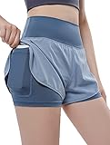VIGVAN 2 in 1 Laufhose Damen Sport Shorts Sommer Kurze Hose Schnell Trocknend Fitness Shorts Yoga Shorts Gym Jogging Training Sporthose für Damen mit Taschen (Blau, M, m)