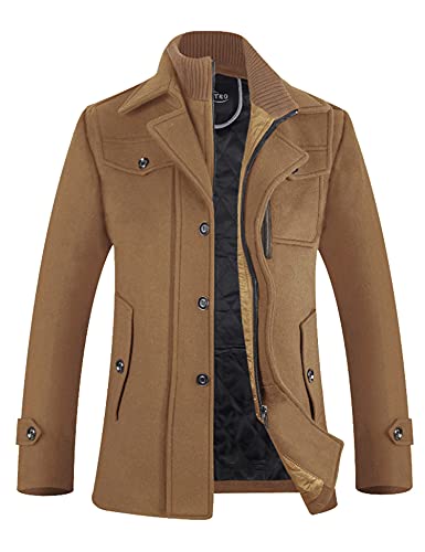 Men's Winter Pea Coat Wool Jacket Single Breasted Windbreaker 1108 Camel L