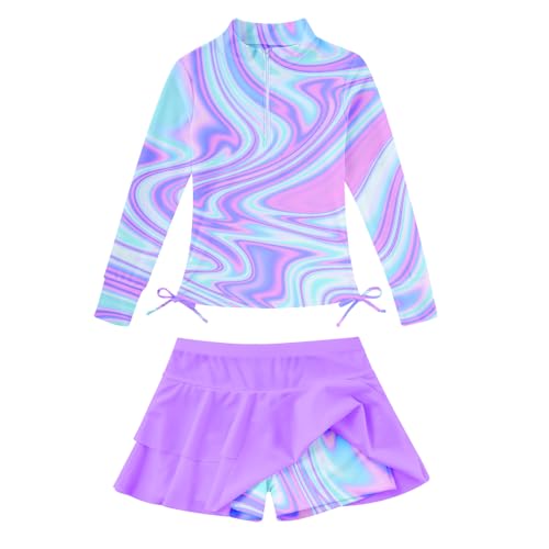 Image of Vogseek 3-12T Girls Rash Guard 2 Pieces Bathing Suit Long Sleeve Swimsuit Swimming Skirt with Shorts Swimwear
