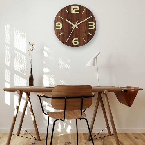 Image of HZDHCLH Wood Wall Clock Glow in The Dark,Luminous Wall Clocks with 3D Numbers,Decorative Wall Clock Battery Operated for Bedroom Kitchen Living Room Office (Brown)