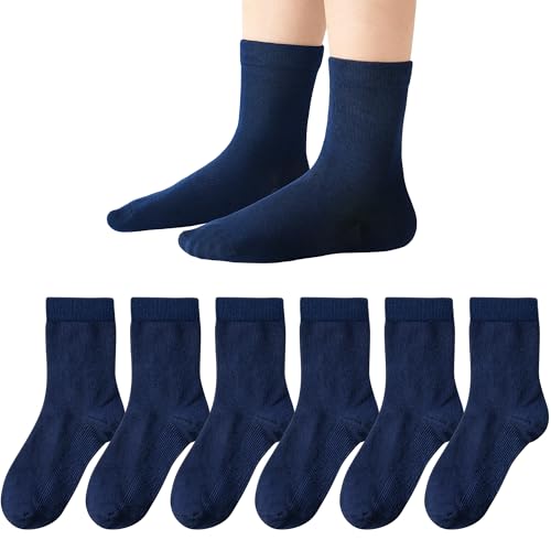 HONGTEYA Kids Crew Socks Boys Girls Cotton Black White Navy Blue Seamless Toe Cotton Sports Socks 6 Pack (US Age 8 Years 10 Years Navy)