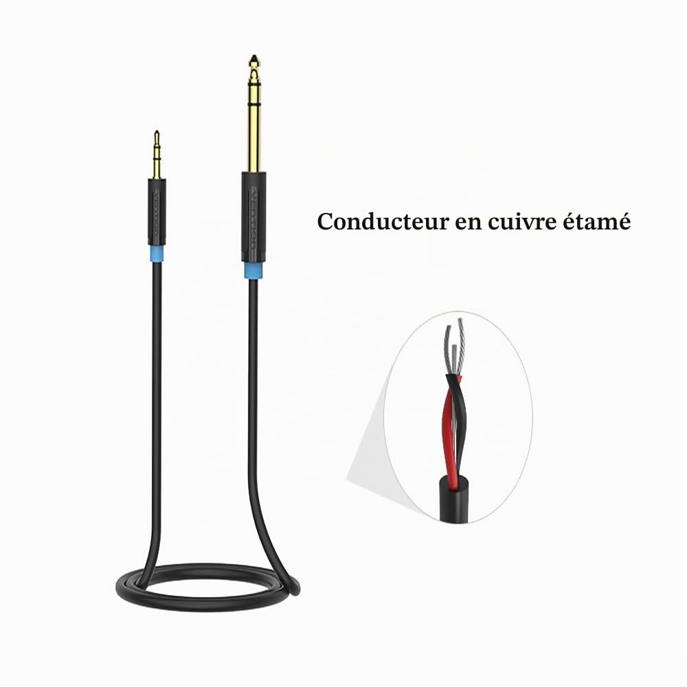 VENTION Câble Audio 3.5mm vers 6.35mm Stéréo Jack, Câble Jack TRS 6.35 Mâle vers 3.5 Mâle pour Guitare, Haut Parleurs, Table de Mixage, Amplificateurs Cinéma Maison (0.5m/1.6ft)