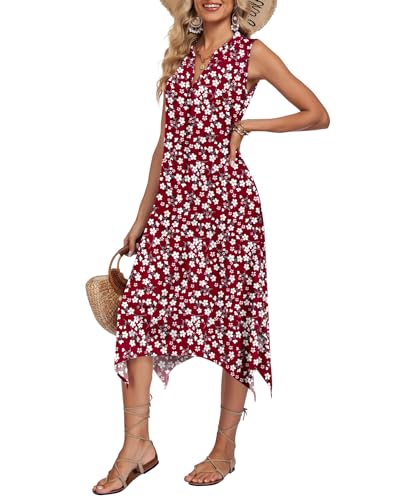 Image of AUSELILY Womens Summer Midi Dress V Neck Sleeveless Casual with Pockets | Flowy womens summer dress with asymmetrical hem, great for beach, vacation and daily wear