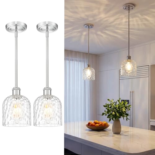 Image of zeyu Adjustable Hanging Lights for Kitchen, Large Pendant Lights Kitchen Island, Modern Hanging Pendant Lights 2 Pack with Clear Hammered Glass, Brushed Nickel Finish, ZJF63MIL-L-2PK BN