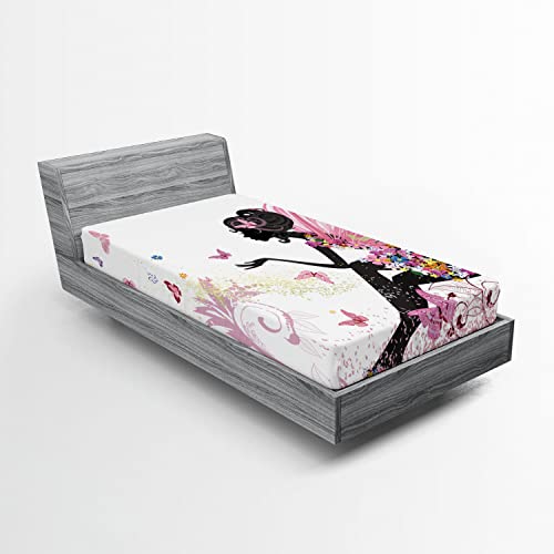 Ambesonne Fantasy 2 Pack Fitted Sheet, Butterfly Lady in Flowers, Bed Cover All-Round Elastic Deep Pockets 2 Pieces, Package Contains 2 Twin Size Fitted Sheets, Pink and White