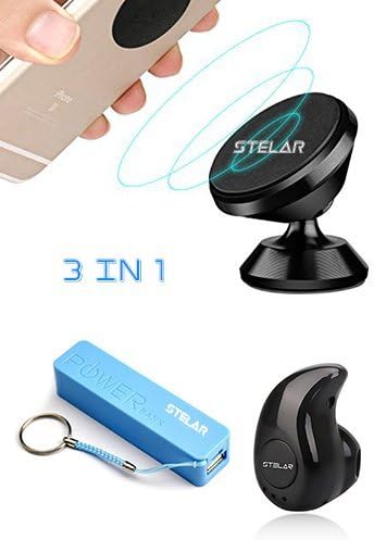 Stelar Magnetic Phone Holder for Car,2600mah Power Bank, for iOS,Android Mini Bluetooth Headphone, Wireless Invisible Headphone,Single Mini Bluetooth Earbud for,Accessories for car Complete Set