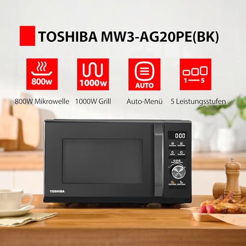 Toshiba MW3-AG20PE(BK) Mikrowellen mit Grill 20L 3-in-1 Mikrowellenherd, Chef-Abtauung, Mikrowelle, Grill, Kombi, 5 Leistungsstufen, 8 Automatikprogrammen, Einfacher Reinigung, Schwarz – Bild 3