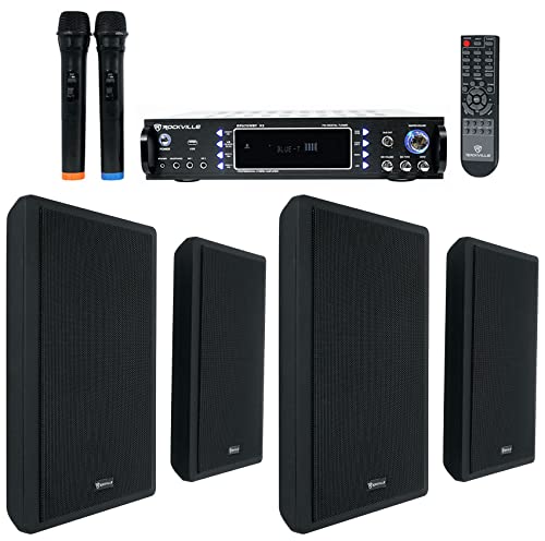 Rockville 1000W Bluetooth Receiver+(4) Wall Speakers+Mics 4 Restaurant/Bar/Cafe