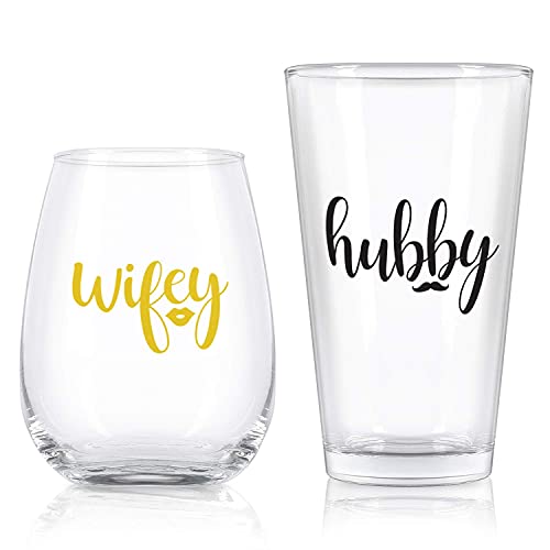 Wifey And Hubby Wine Glass And Beer Glass Novelty Gift Set For Engagement Newlywed Wedding Anniversary Bridal Shower Valentine's Day #TOP1