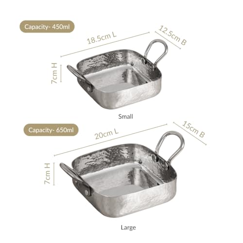 Image of Nestasia Stainless Steel Square Serving Dishes Set of 2 (450ml, 650ml) - Hammered Flat-Base Steel Serving Bowl with Dual Handles | Rust, Stain & Scratch Resistant Serveware with Glossy Finish