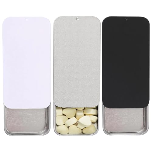 OUDQFCJ 3 Cajas Metálicas Pequeñas con Tapa Deslizante, Rectangulares para Almacenamiento de Dulces, Joyas, Manualidades, Pastillas, Kit de Supervivencia (80 x 34 x 12 mm, Plata, Negro, Blanco)