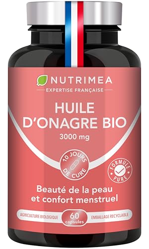 Huile d’Onagre BIO - 1500 mg dont 135 mg de GLA - Pression à Froid - 100% Naturel - Confort Prémenstruel et Beauté de la Peau - Qualité Premium - 60 Capsules - Nutrimea - Fabriqué en France