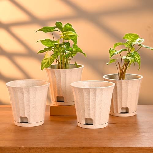 Image of Eha Earth Friendly Ace 5 inch Small Self Watering Pots for Indoor Plants | Set of 4 | Plant Pot Made with Bamboo Fibers | Table Top Planters for Home Decor, Flower Pot for Living Room | Sand Castle