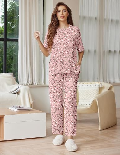 Image of Ekouaer Lounge Sets for Women Short Sleeve Tops and Long Pants Soft Comfy Pajamas Set 2 Piece Outfits