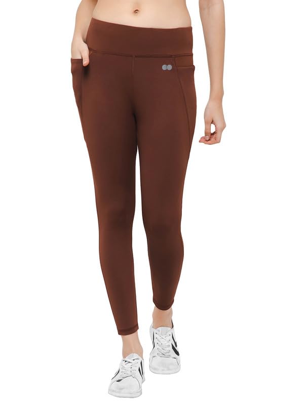 Image of Clovia Women's Snug-Fit High-Rise 4 Pocket Active Tights in Brown