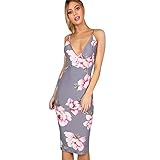 hansee Frauen knielange Party Kleid Blumenmuster rückenfreie Slip Sommer Gurt Mantel Kleider, damen Mädchen, 0814, grau